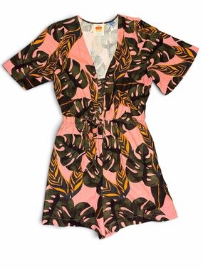 Pink Tropical Leaf Print Romper